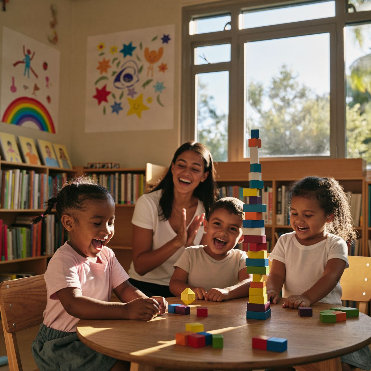 Children laughing with their teacher while building a block tower in a sunny classroom at Bright Stars Childcare in Aurora, Colorado